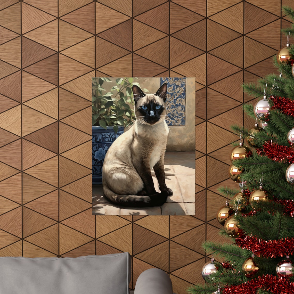 Siamese Cat Sunlit Patio Blue Planter Elegant Feline Art Poster - Image 3