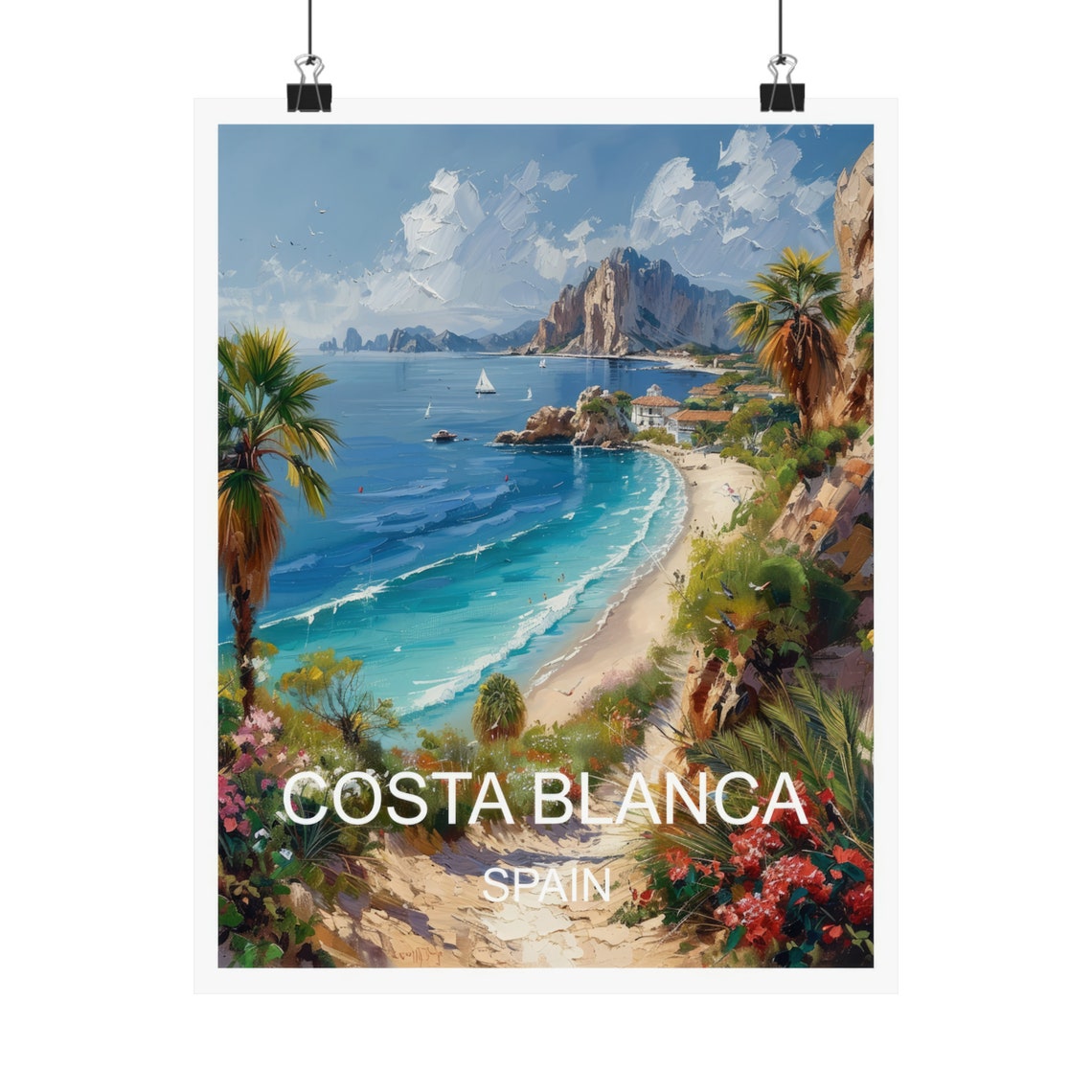 Costa Blanca Spain Turquoise Bay Beach Rocky Headland Palm View Poster - Image 4
