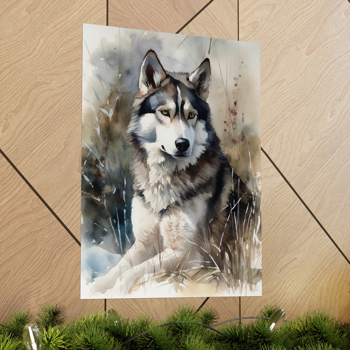 Siberian Husky Dog Watercolor Portrait in Wild Meadow Poster - Image 2