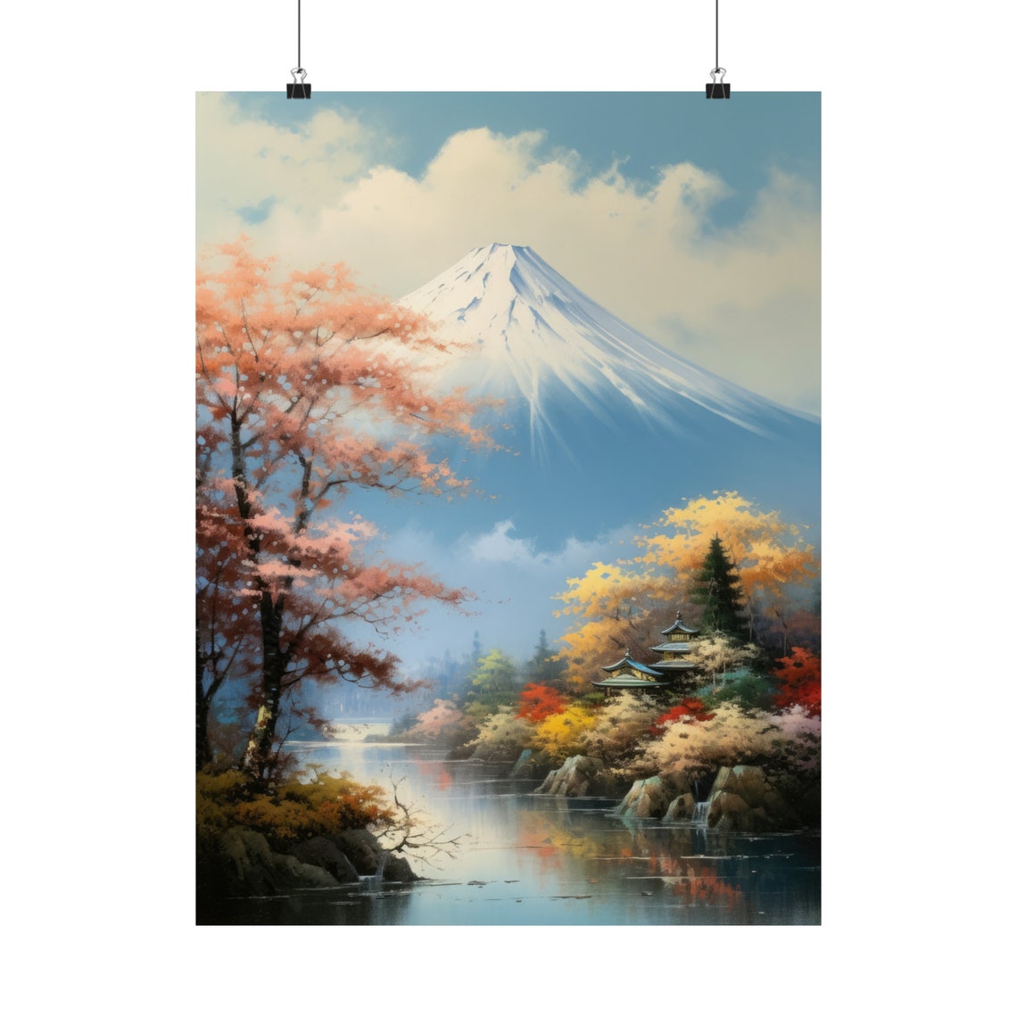 Mt Fuji Autumn Cherry Blossoms Lake Pagoda Colorful Travel Poster - Image 5