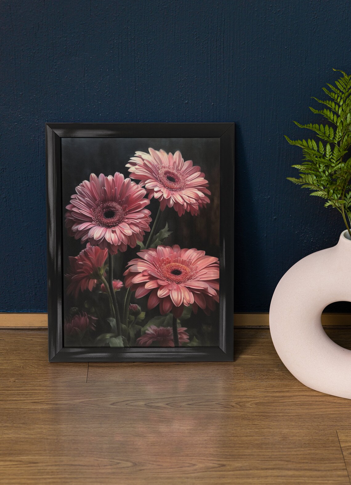 Pink Gerbera Daisy Cheerful Blush Blooms Dark Floral Art Poster