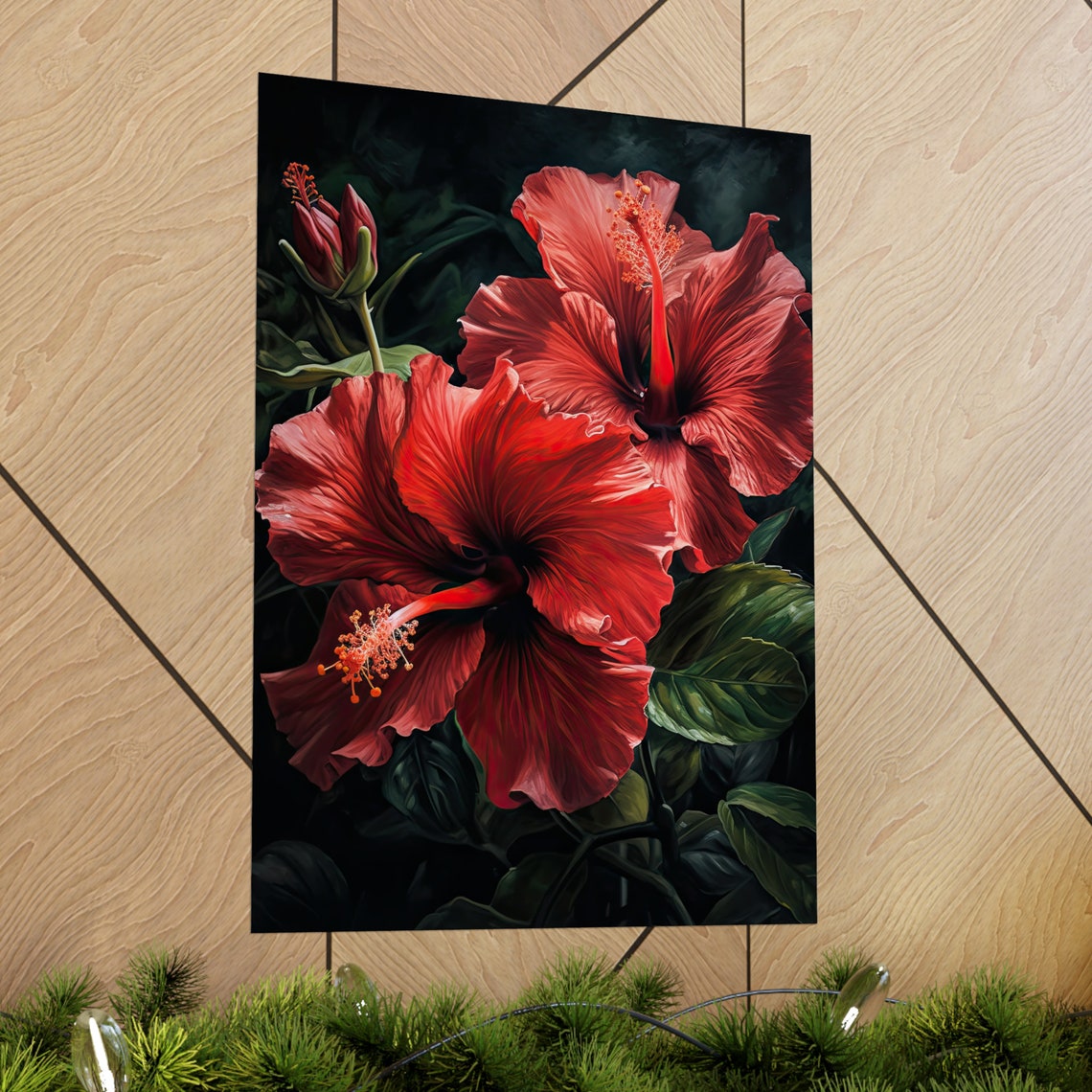 Red Hibiscus Blooms Dark Tropical Floral Painting Fine Art Poster - Image 2