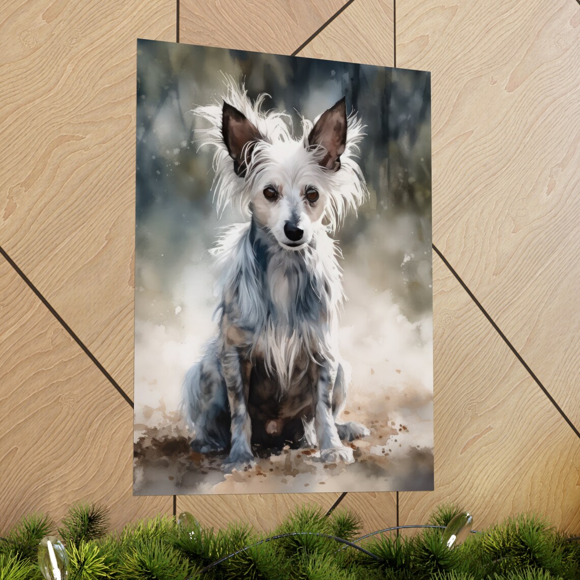 Chinese Crested Sitting Fluffy Crest Grey White Watercolor Dog Poster - Image 2