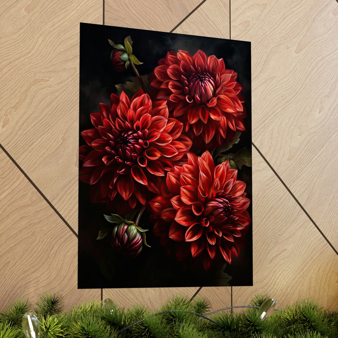 Red Dahlia Blooms on Black Botanical Floral Oil Painting Art Print - Image 2