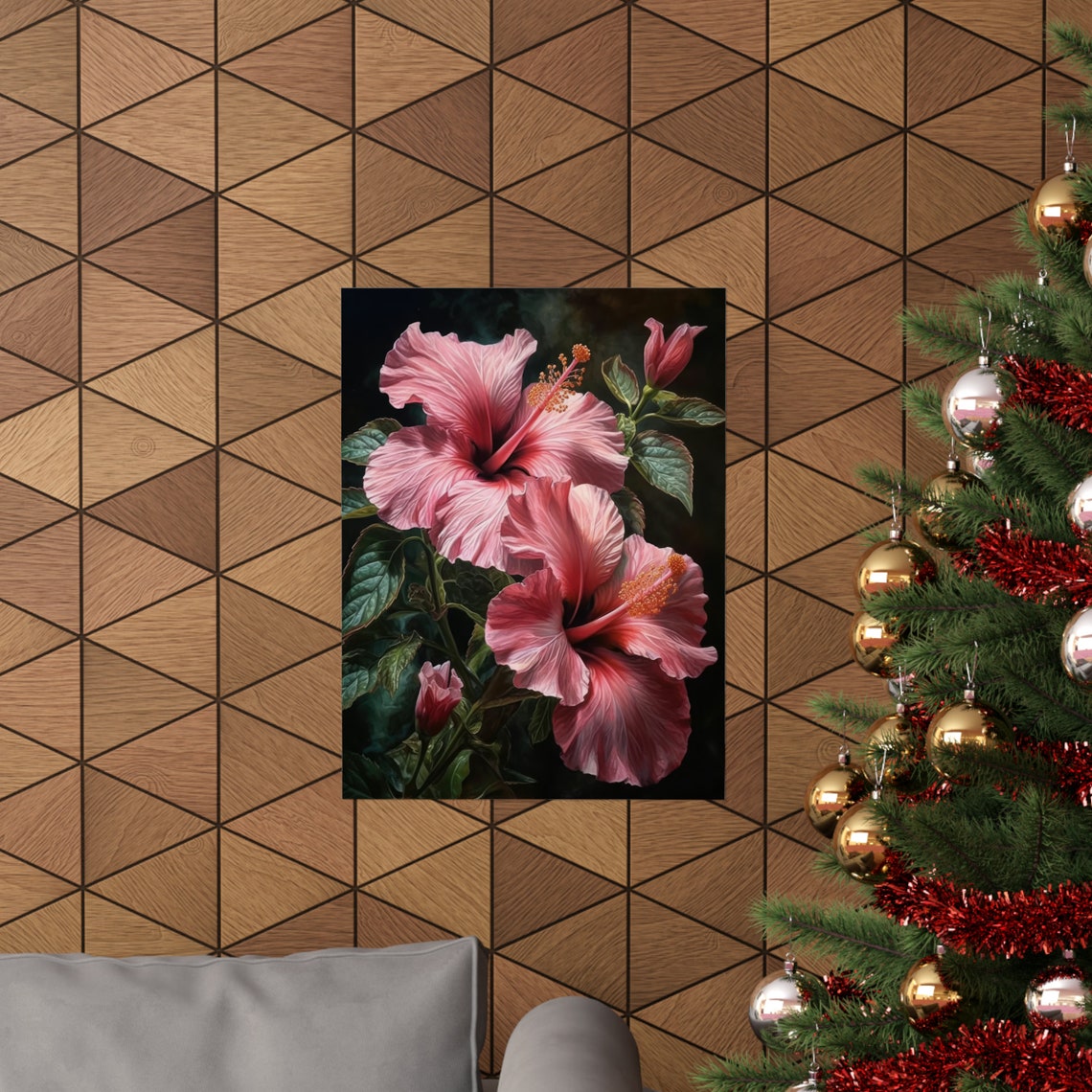 Pink Hibiscus Flowers Moody Dark Botanical Floral Wall Art Print - Image 3