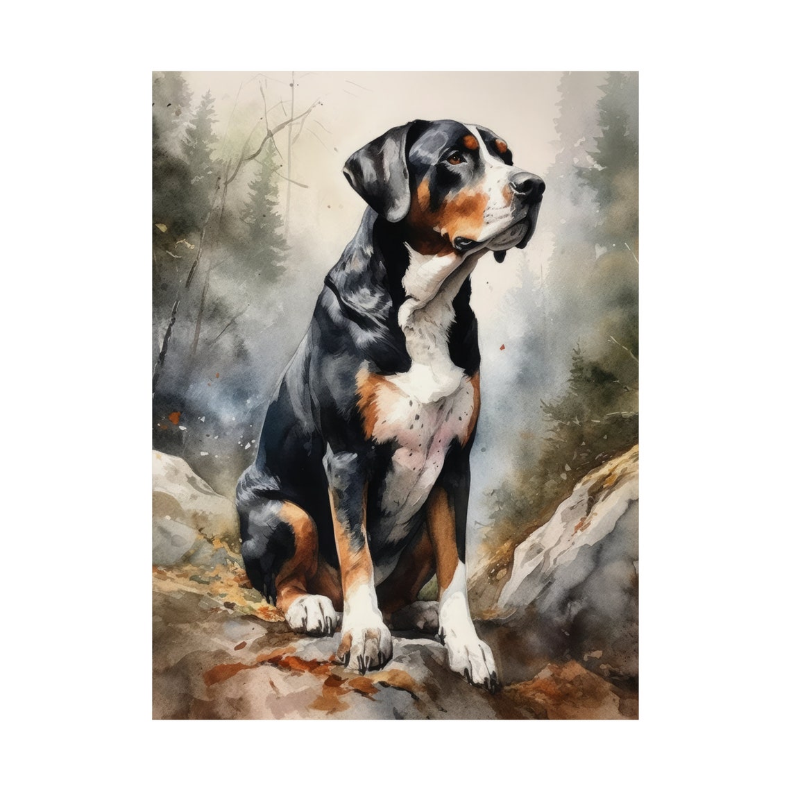 Greater Swiss Mountain Dog Tricolor Sitting Rocks Watercolor Poster - Image 4