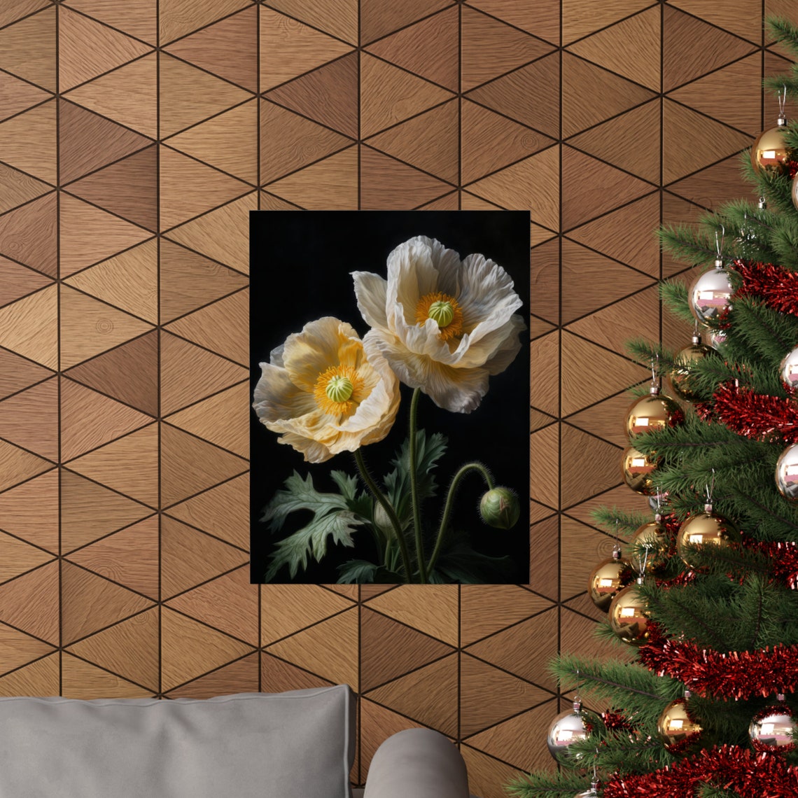 Cream Poppy Flowers Golden Center Dark Moody Botanical Art Print - Image 3