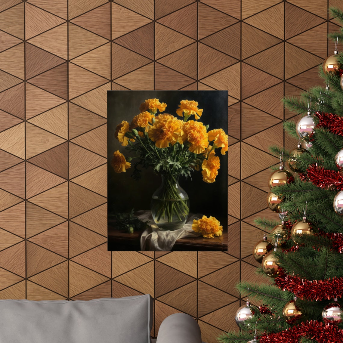 Golden Yellow Carnations Glass Vase Dark Still Life Flower Art Poster - Image 3