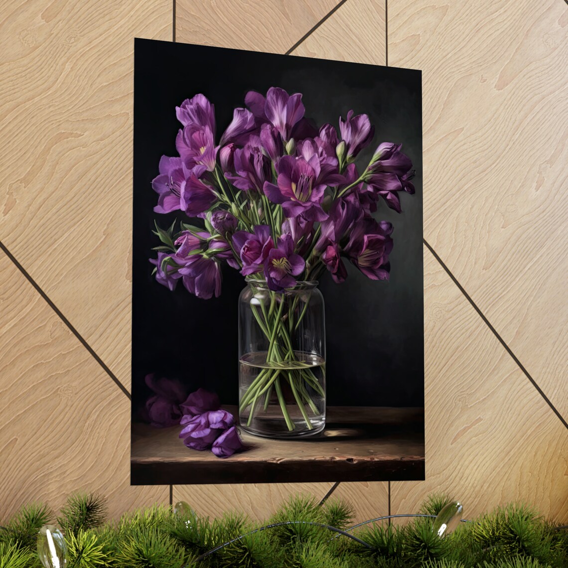 Violet Purple Freesia Bouquet Glass Vase Dark Still Life Poster - Image 2