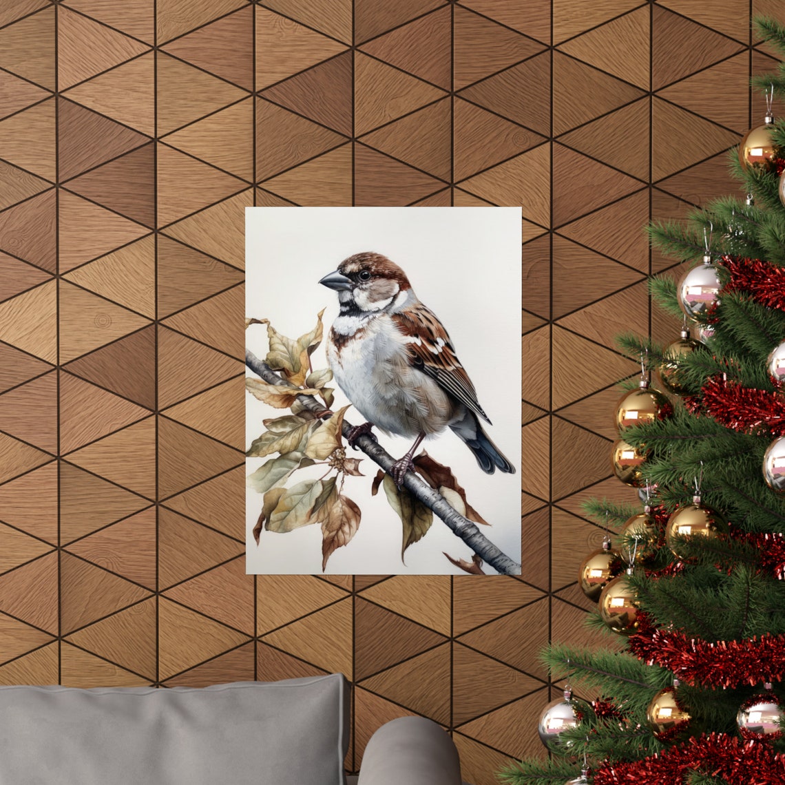 House Sparrow Bird Watercolor Perched Branch Autumn Leaves Art Print - Image 3