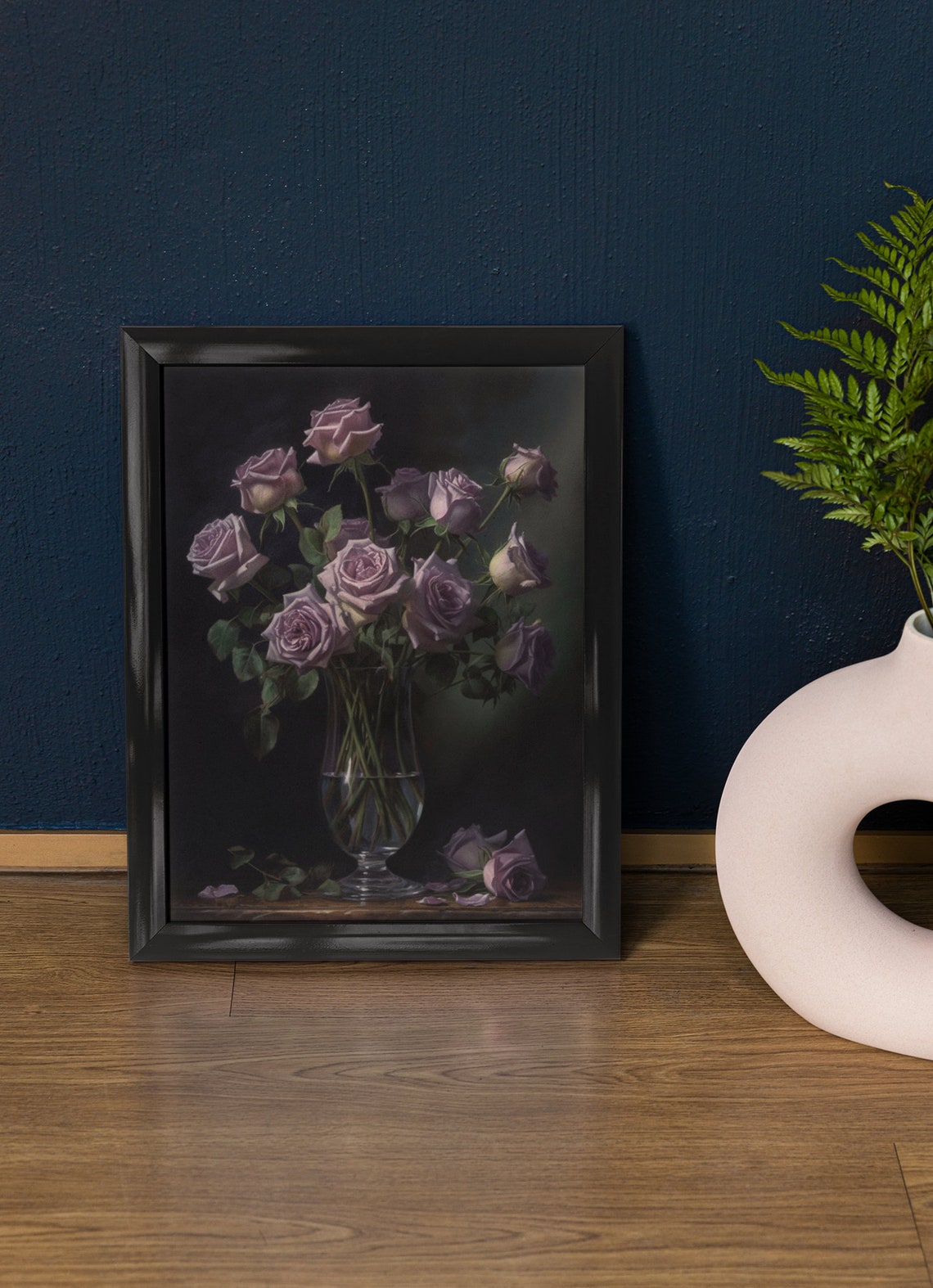 Lavender Roses Glass Vase Moody Still Life Botanical Wall Art