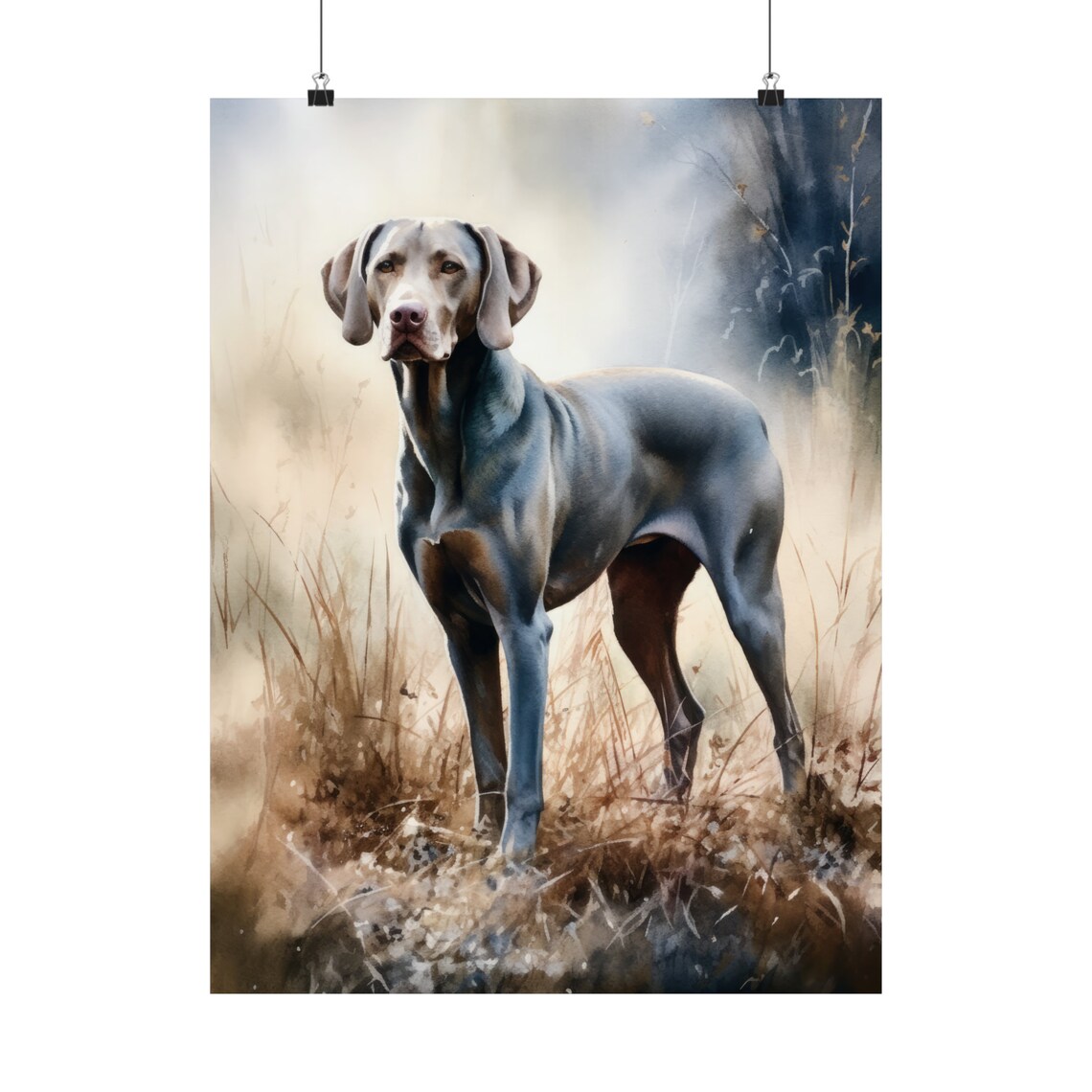 Weimaraner Standing in Tall Golden Grass Watercolor Dog Art Print - Image 5