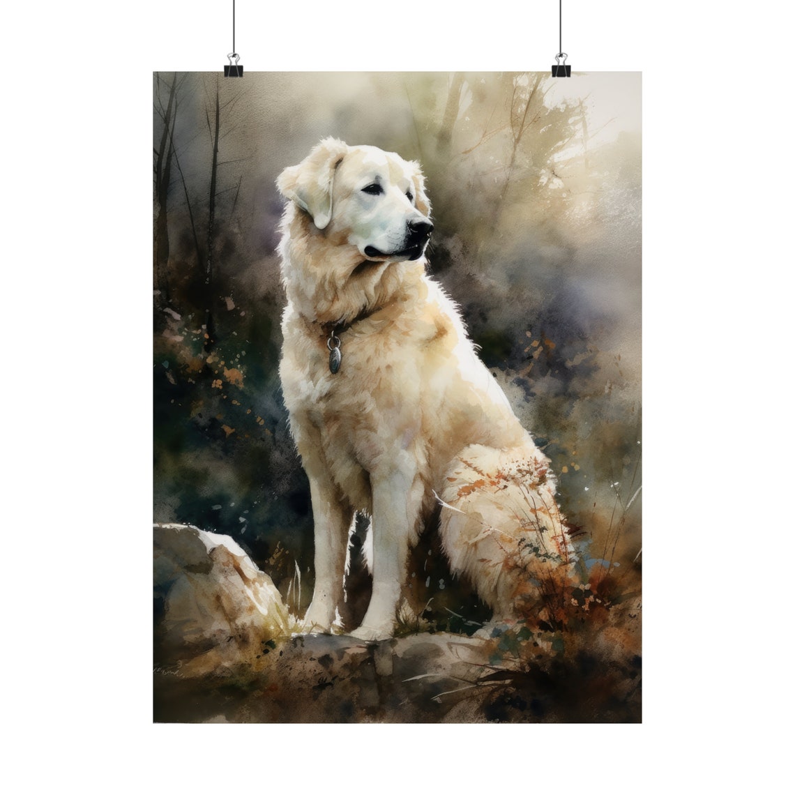 Kuvasz White Fluffy Dog Sitting Autumn Forest Watercolor Poster - Image 5
