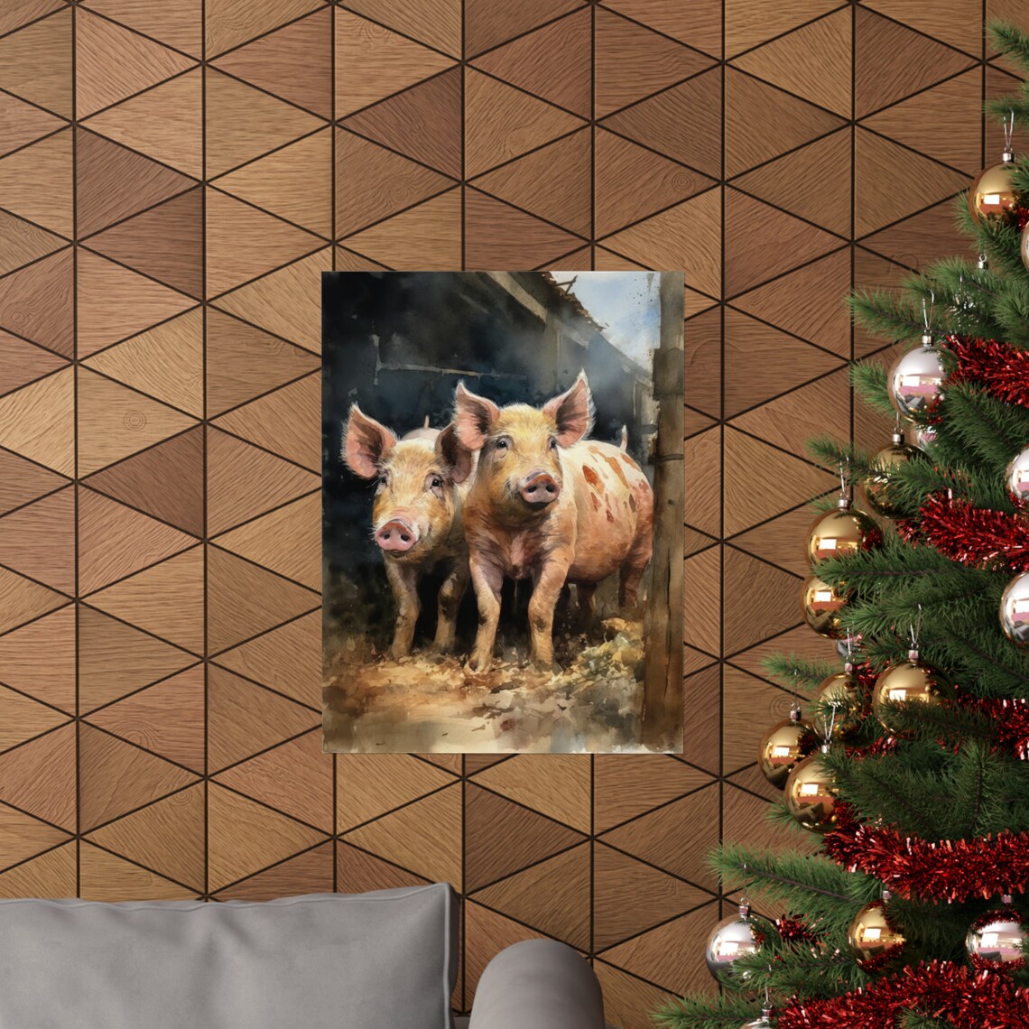 Two Spotted Pigs Barn Door Watercolor Farm Animal Art Poster - Image 3