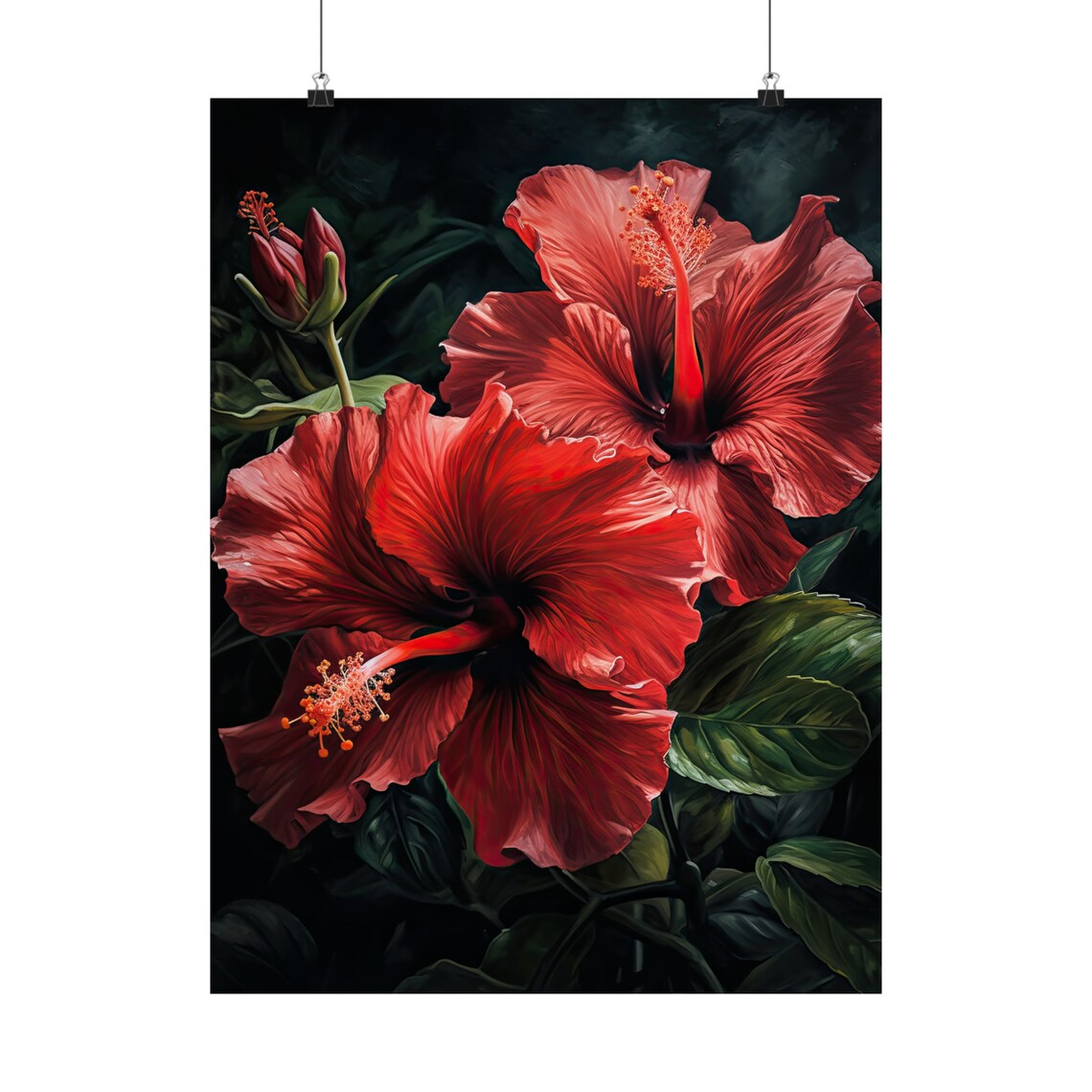 Red Hibiscus Blooms Dark Tropical Floral Painting Fine Art Poster - Image 5