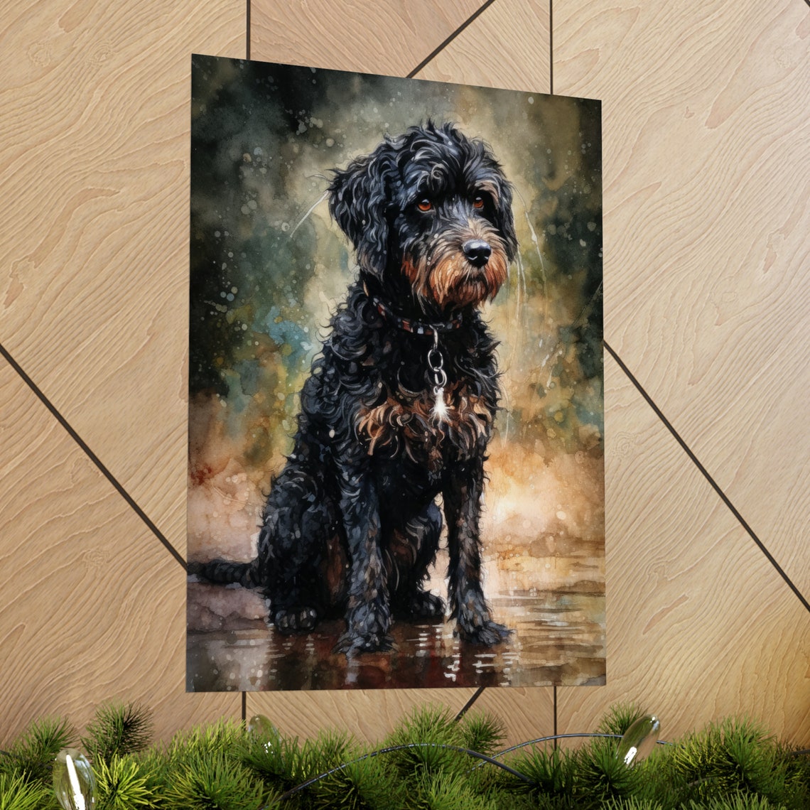 Barbet Dog Watercolor Art Print With Collar Sitting On Wet Ground - Image 2