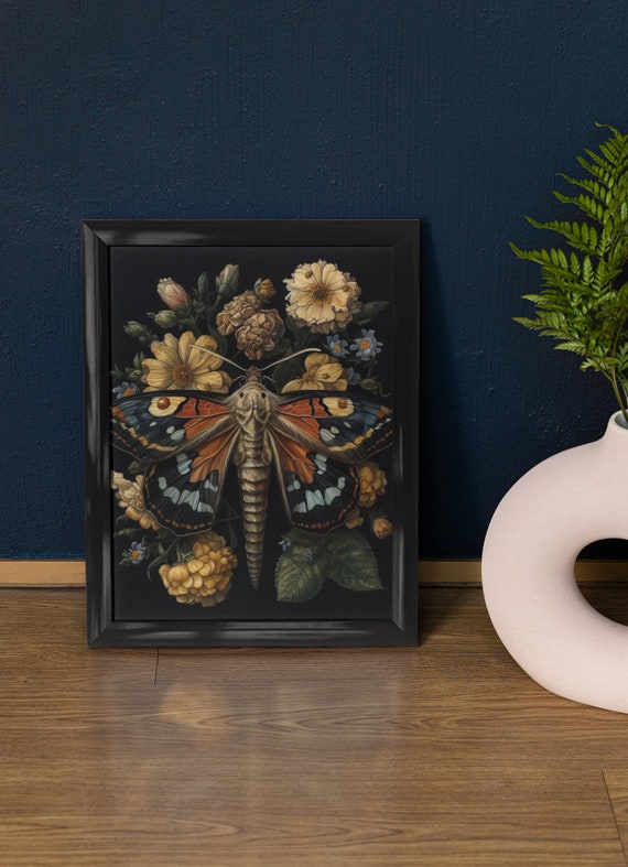Moth Art Print Dark Academia Art Dark Cottagecore Art Witch Room Dcor Insect Artwork Gothic Wall Art Moody Wall Art Floral Dcor