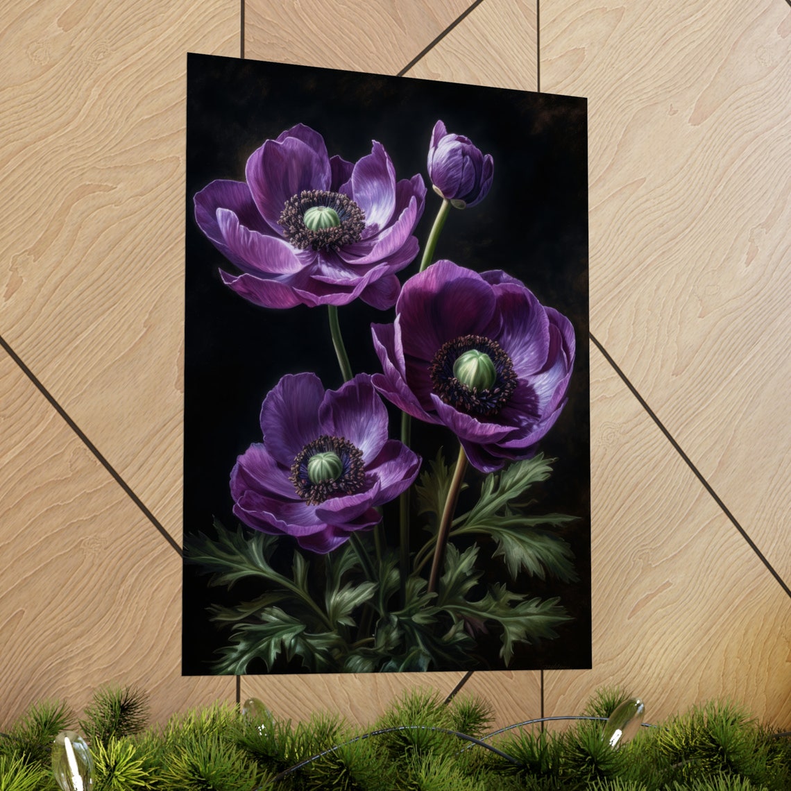 Purple Anemone Blooms Buds Dark Moody Botanical Floral Art Poster - Image 2