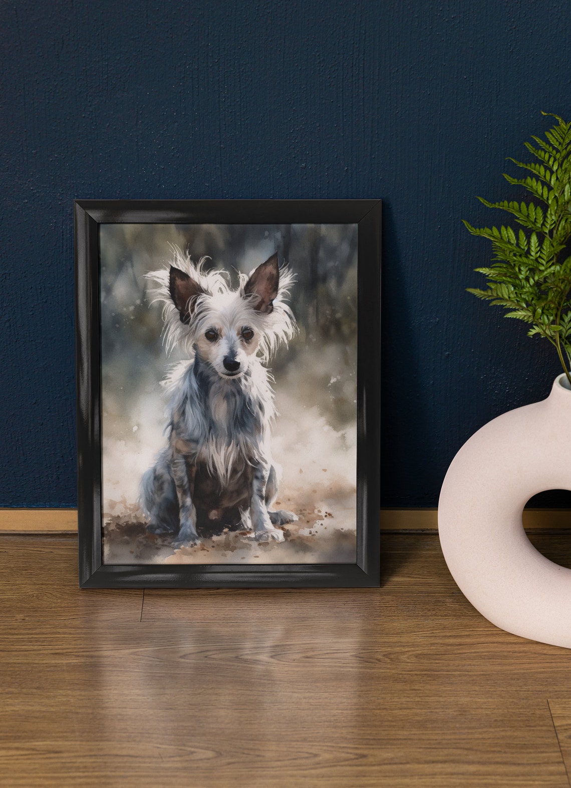 Chinese Crested Sitting Fluffy Crest Grey White Watercolor Dog Poster