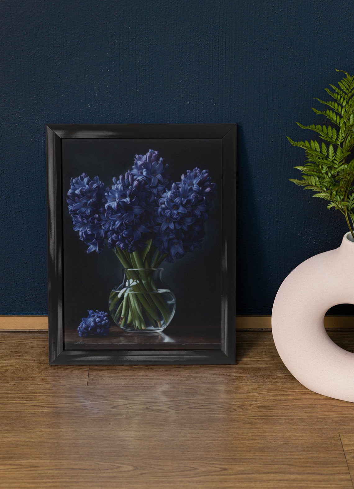 Blue Hyacinth Bouquet Glass Vase Dark Still Life Botanical Art Poster