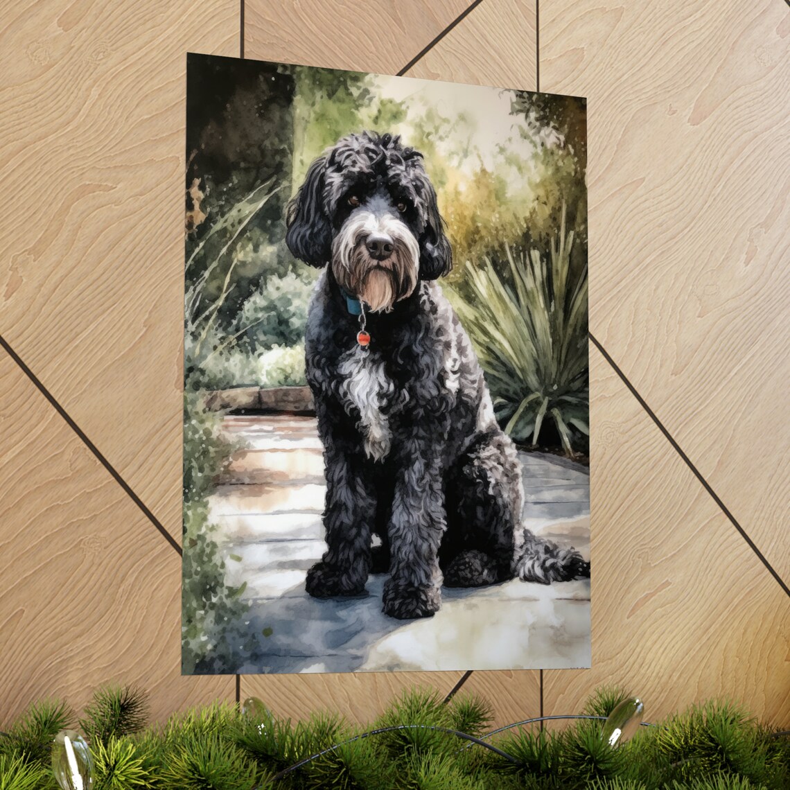 Portuguese Water Dog Curly Coat Garden Path Watercolor Portrait Poster - Image 2