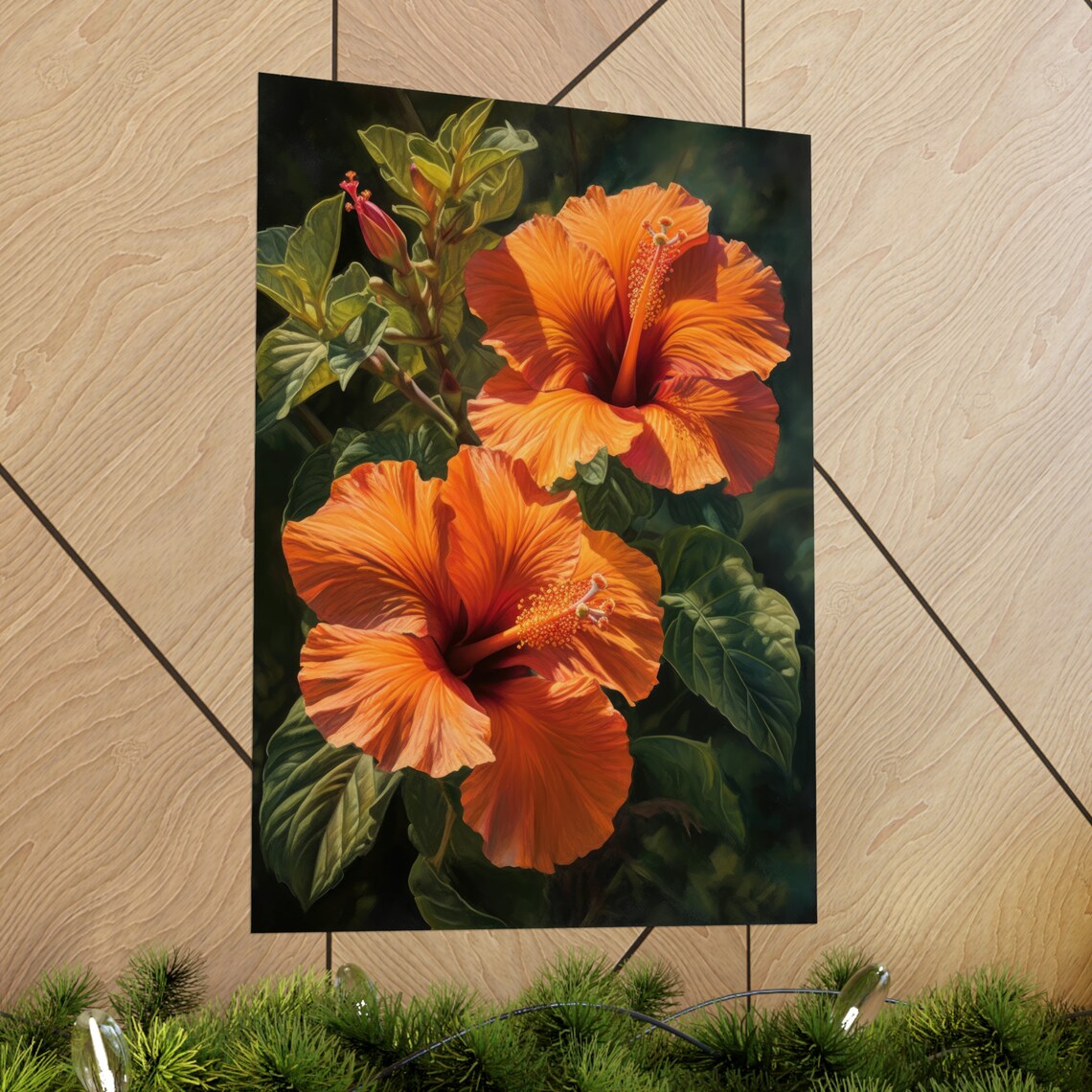 Orange Hibiscus Flowers Dark Tropical Botanical Bloom Art Print - Image 3