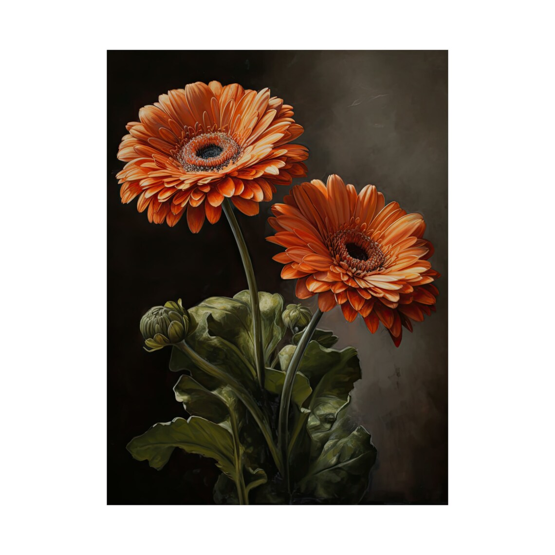 Orange Gerbera Daisies Dark Moody Floral Oil Painting Botanical Art - Image 4