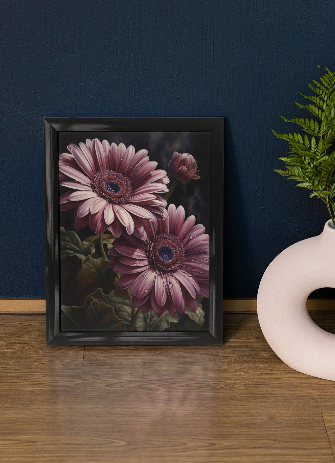 Purple Gerbera Daisy Blooms Dewy Petals Dark Background Floral Poster