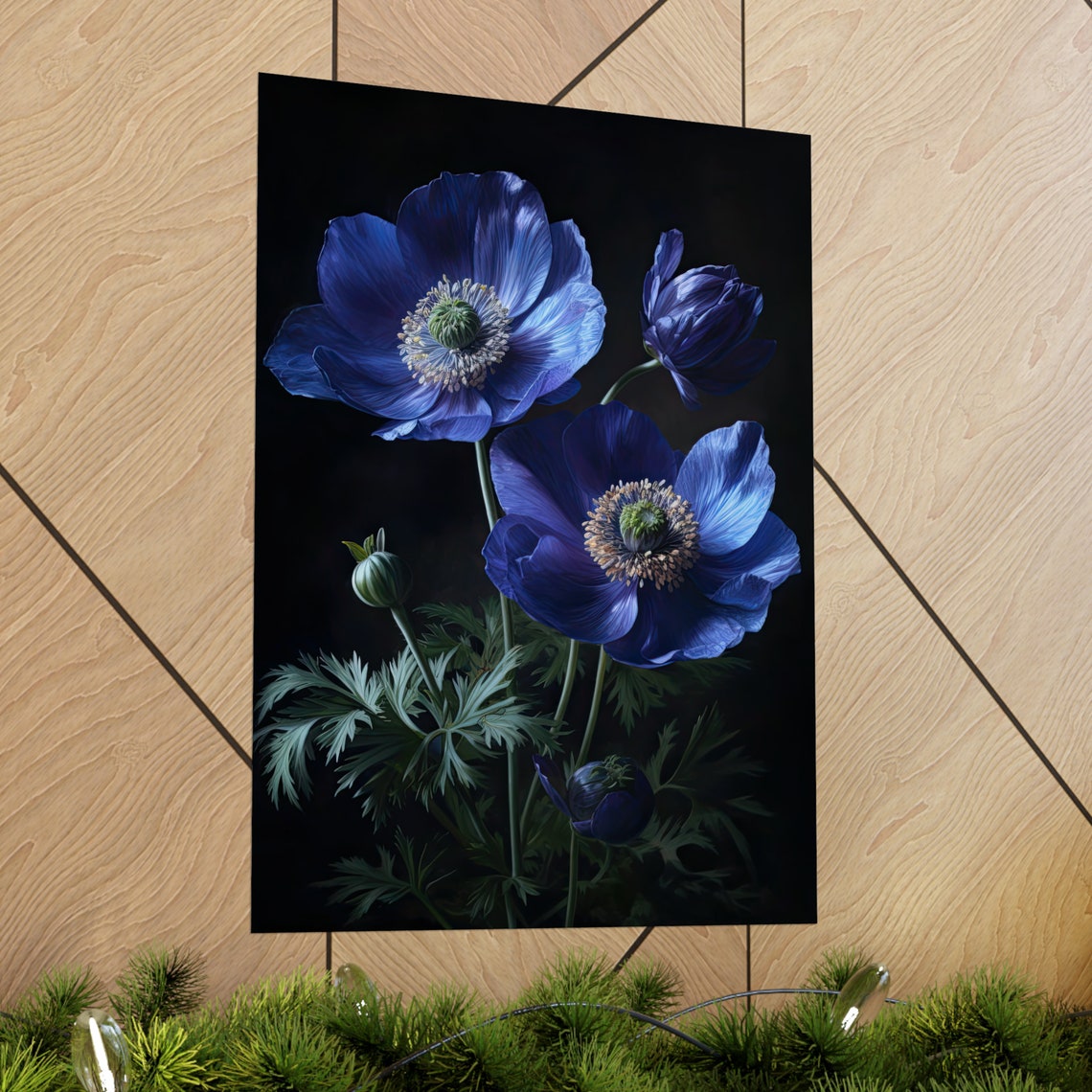 Deep Blue Anemone Blooms Dark Moody Botanical Floral Art Wall Poster - Image 2