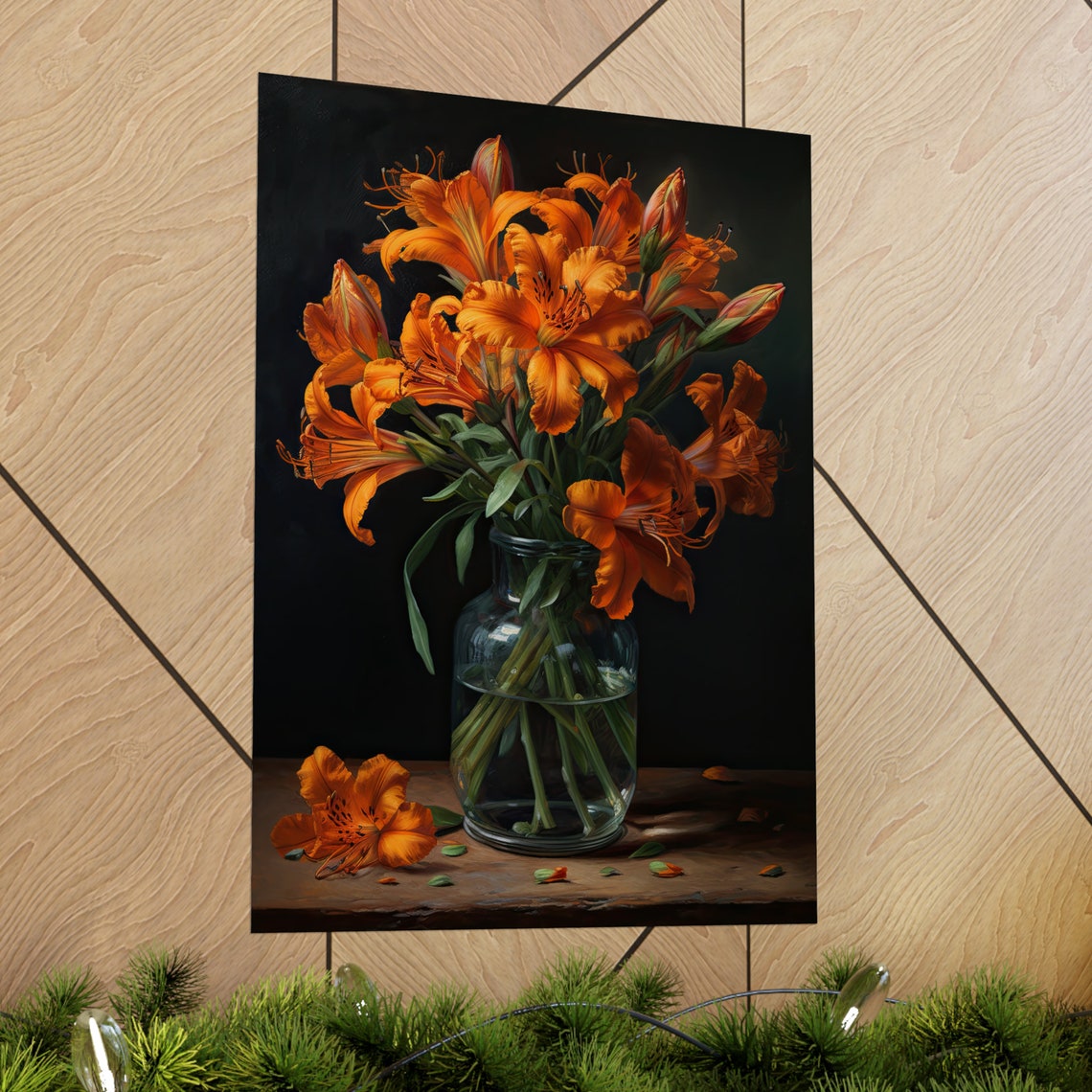 Orange Peruvian Lily Bouquet Glass Vase Moody Dark Still Life Poster - Image 2