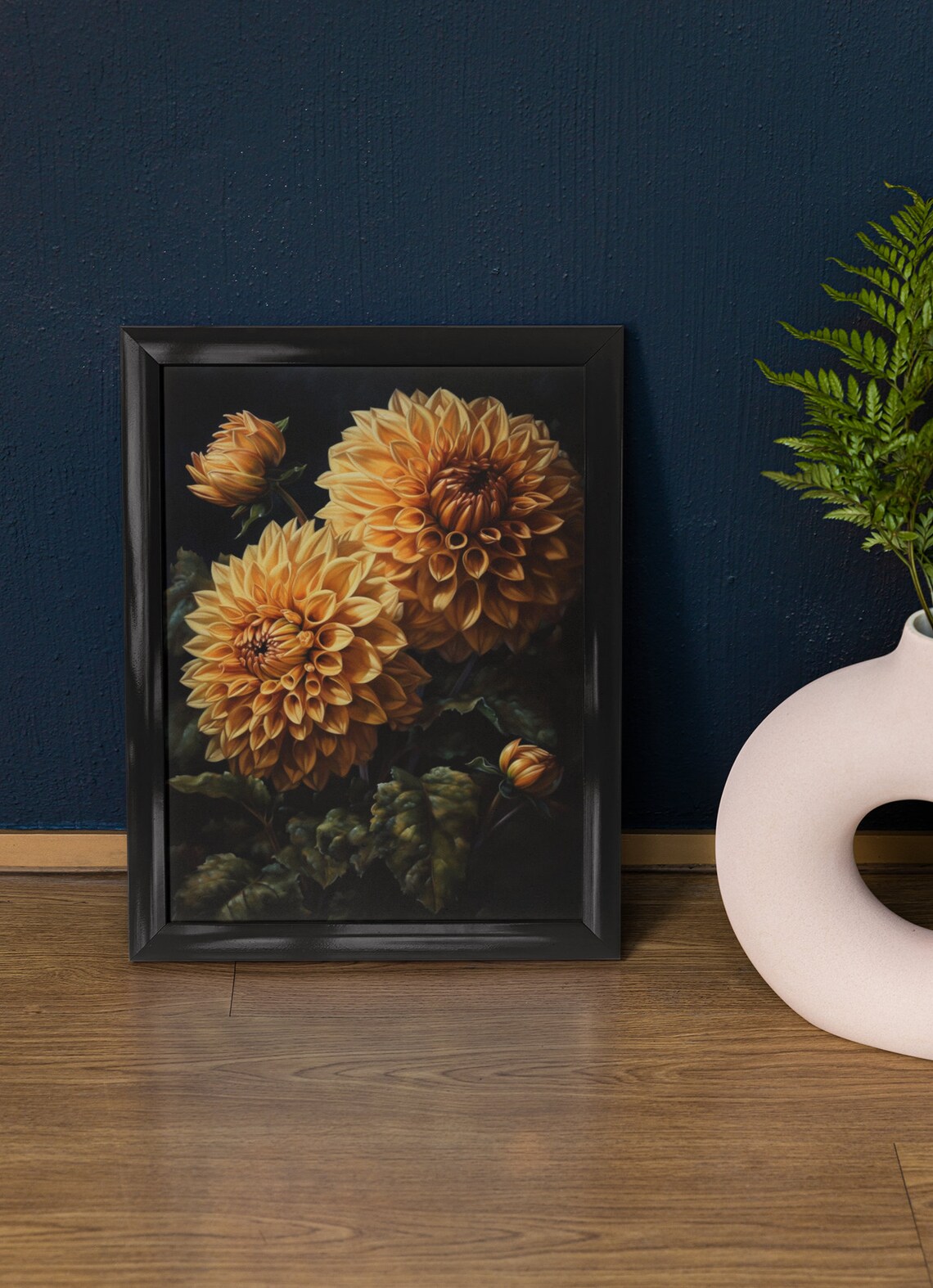 Golden Yellow Dahlia Blooms Dark Moody Floral Botanical Art Print