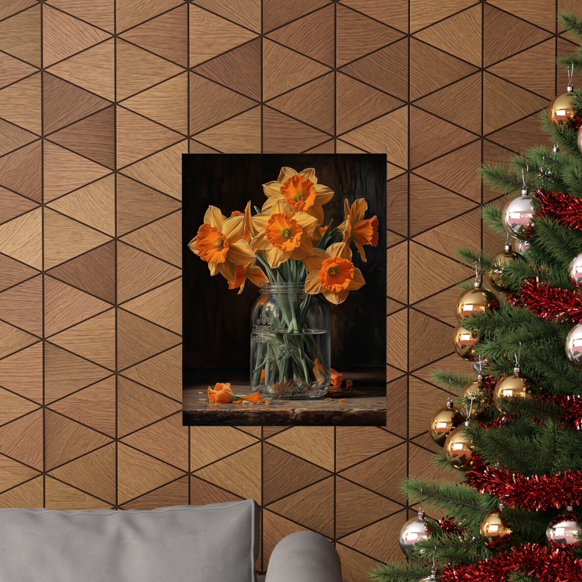 Orange Daffodil Stems Bold Amber Blooms Mason Jar Still Life Poster - Image 3