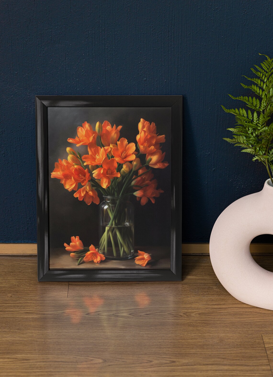 Orange Freesia Bouquet Glass Vase Dark Moody Still Life Poster