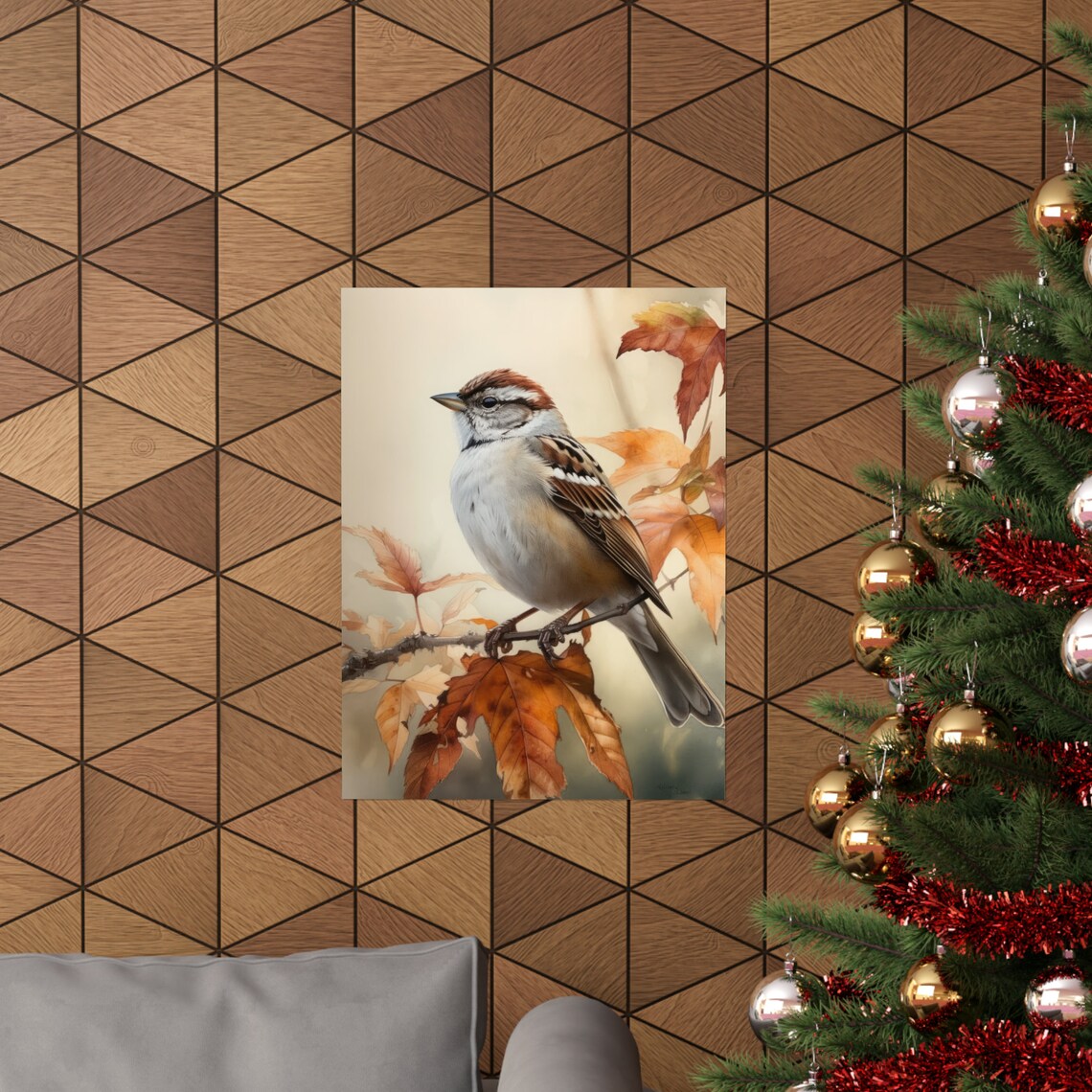 Chipping Sparrow On Autumn Leaves Branch Watercolor Bird Art Print - Image 3