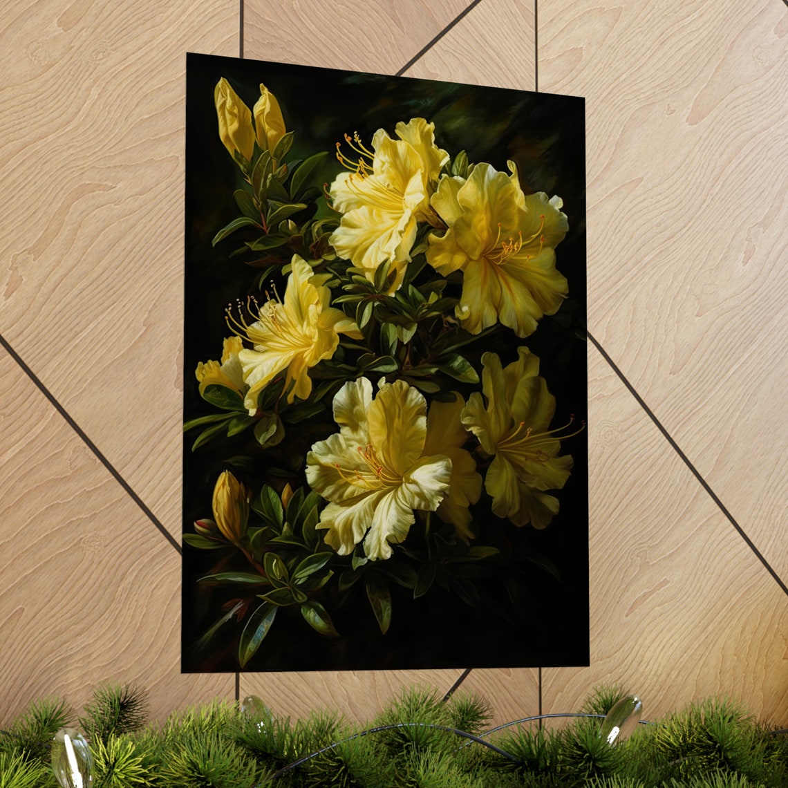 Pale Yellow Azalea Delicate Petals Dark Shrub Floral Wall Art Poster - Image 2