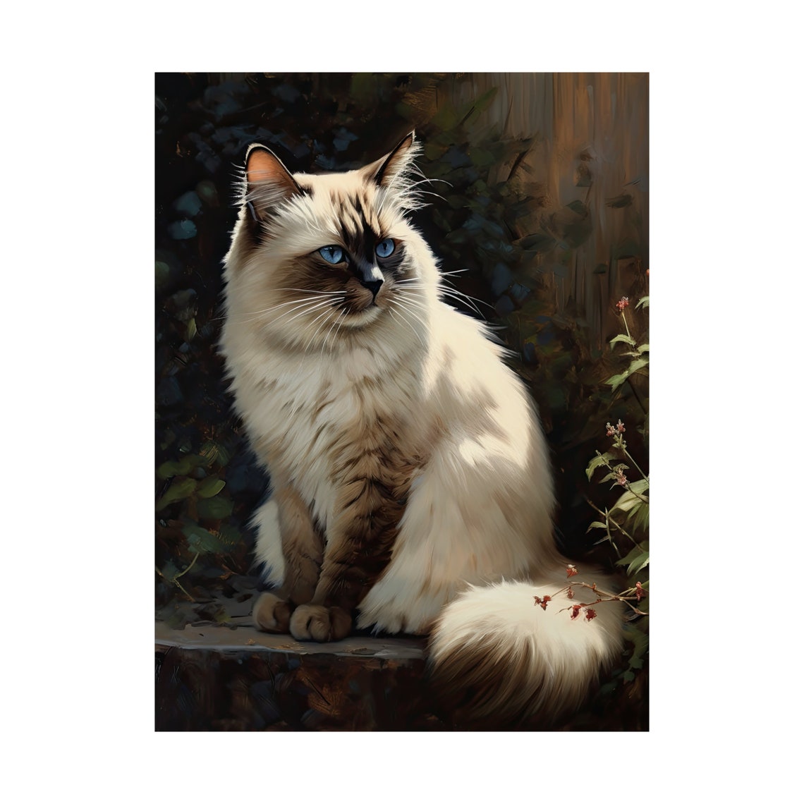 Birman Cat Blue Eyes Sunlit Garden Longhair Feline Art Poster - Image 4