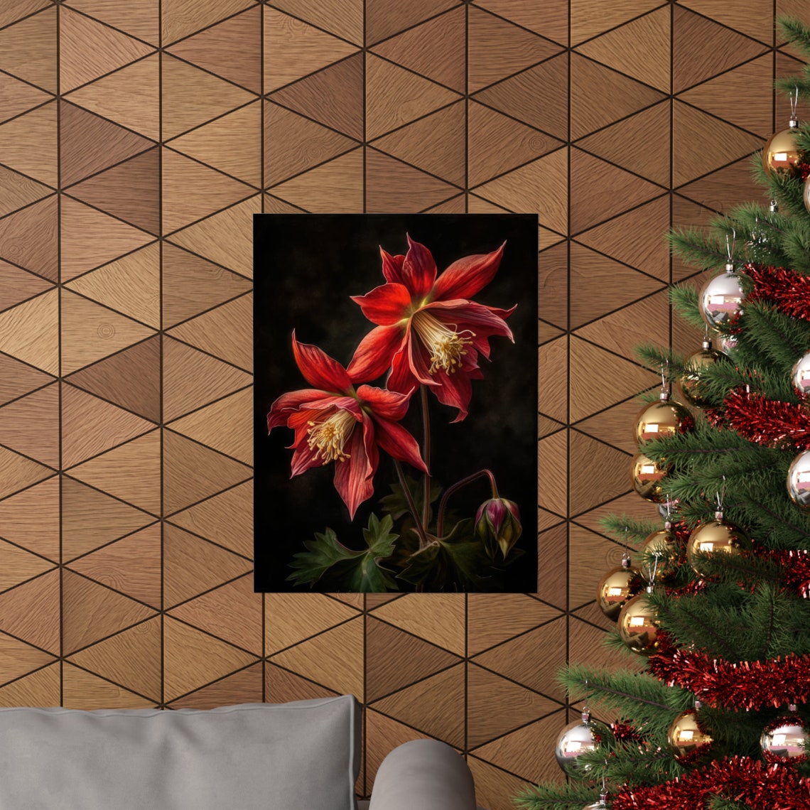 Red Columbine Crimson Blooms Bud Dark Dramatic Floral Art Poster - Image 3