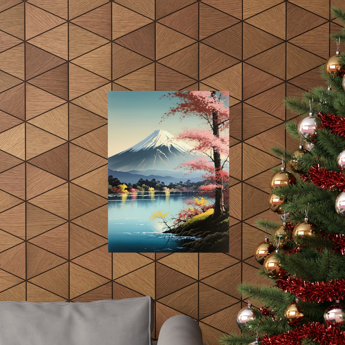 Mt Fuji Cherry Blossom Tree Lake Reflection Sunset Travel Poster - Image 3