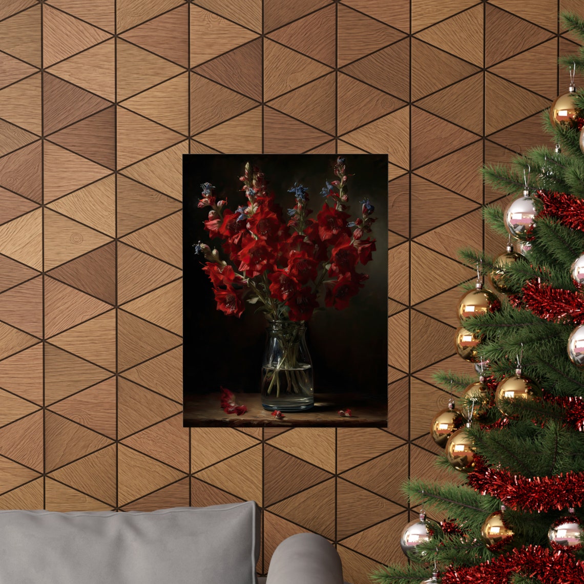 Deep Red Delphinium Bouquet Glass Vase Dark Still Life Poster - Image 3