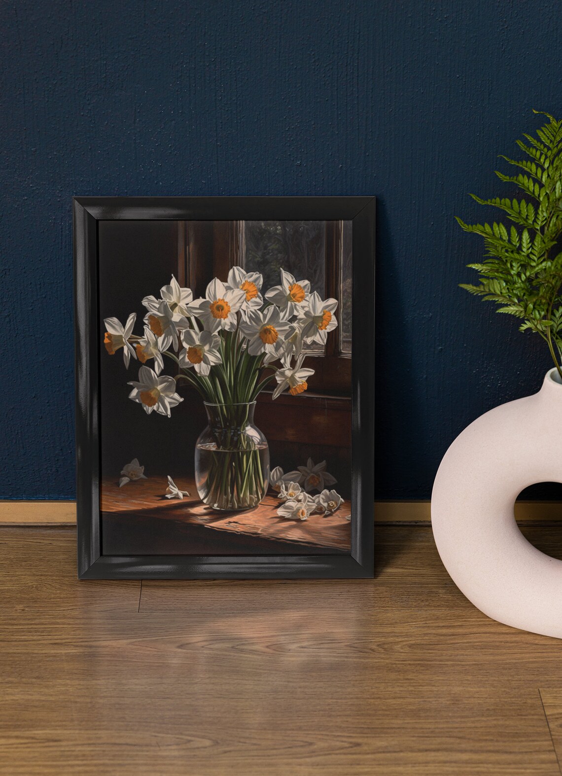 White Daffodil Bouquet Golden Centers Glass Vase Still Life Art Poster