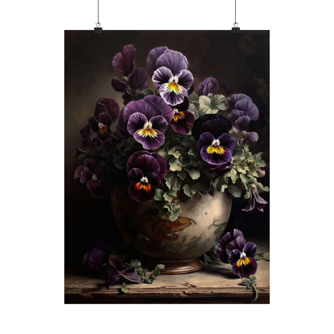 Deep Purple Pansy Flowers Ornate Vase Dark Moody Botanical Art Print - Image 5