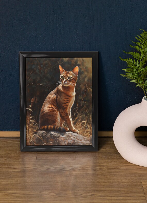 Abyssinian Cat Portrait Rocky Perch Golden Grass Green Eyes Art Print