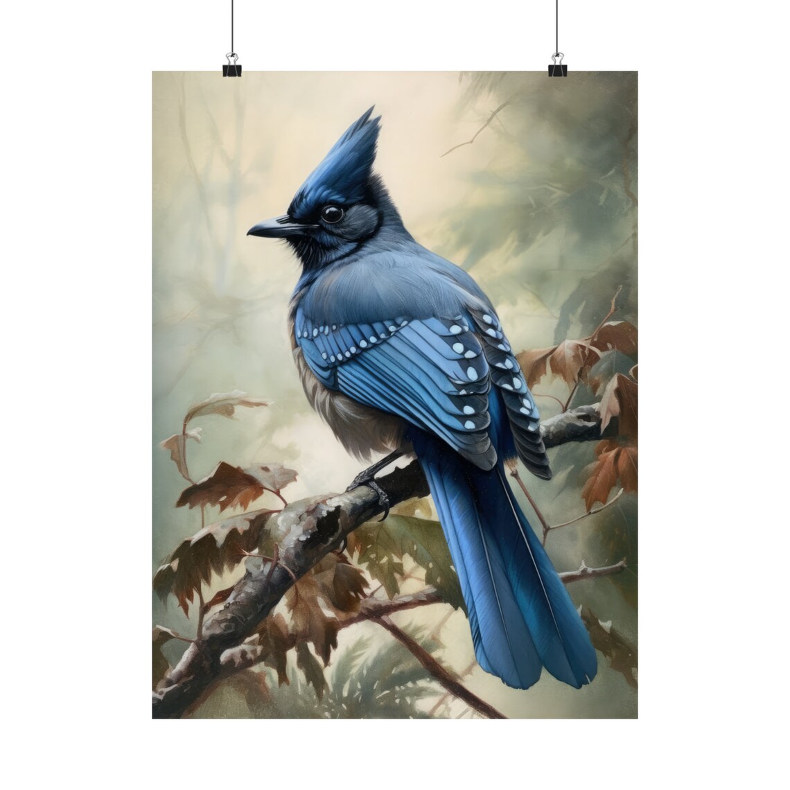 Steller's Jay Watercolor Bird Perched Autumn Branch Art Poster - Image 5