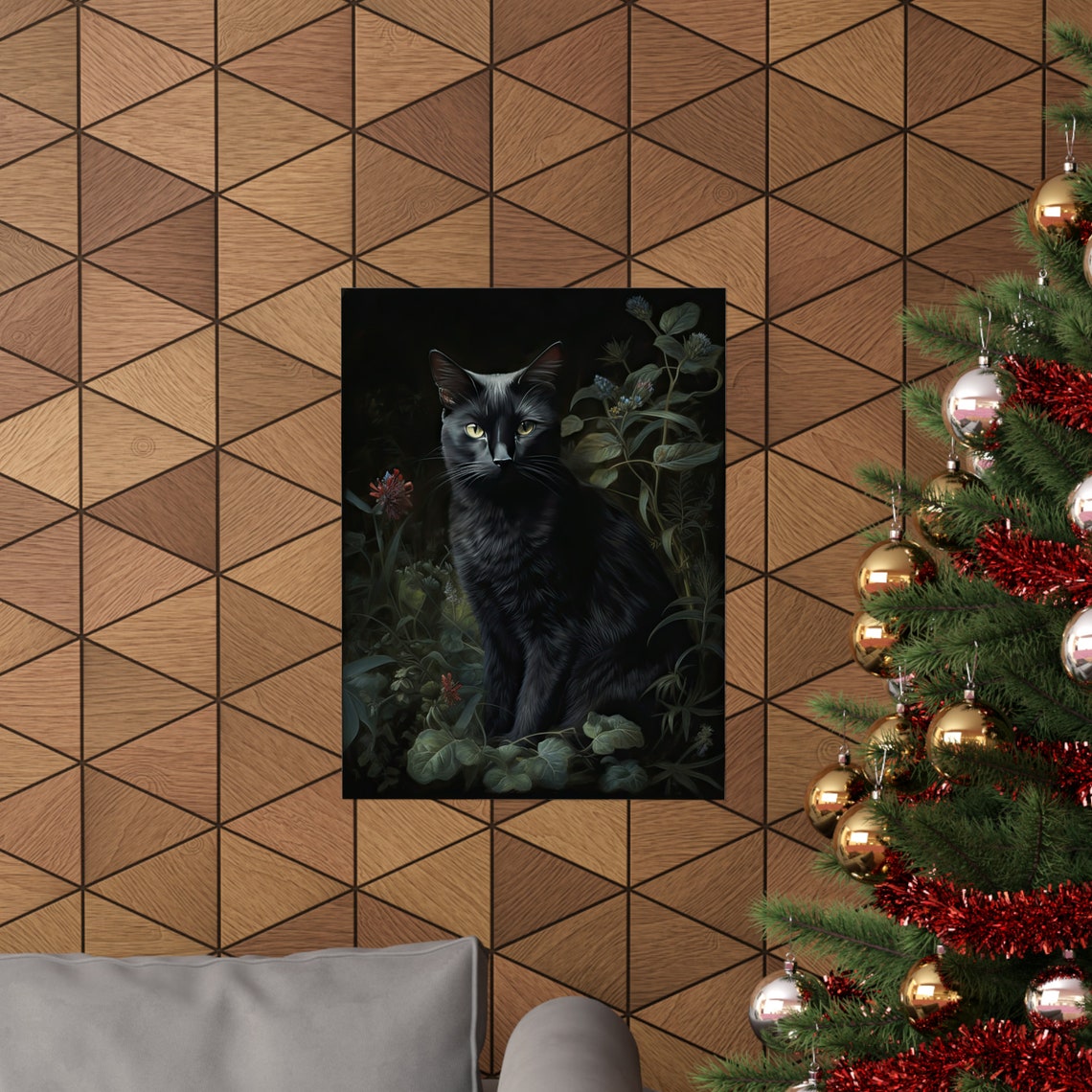 Black Cat With Pale Eyes Emerging From Dark Shadowy Foliage Poster - Image 3