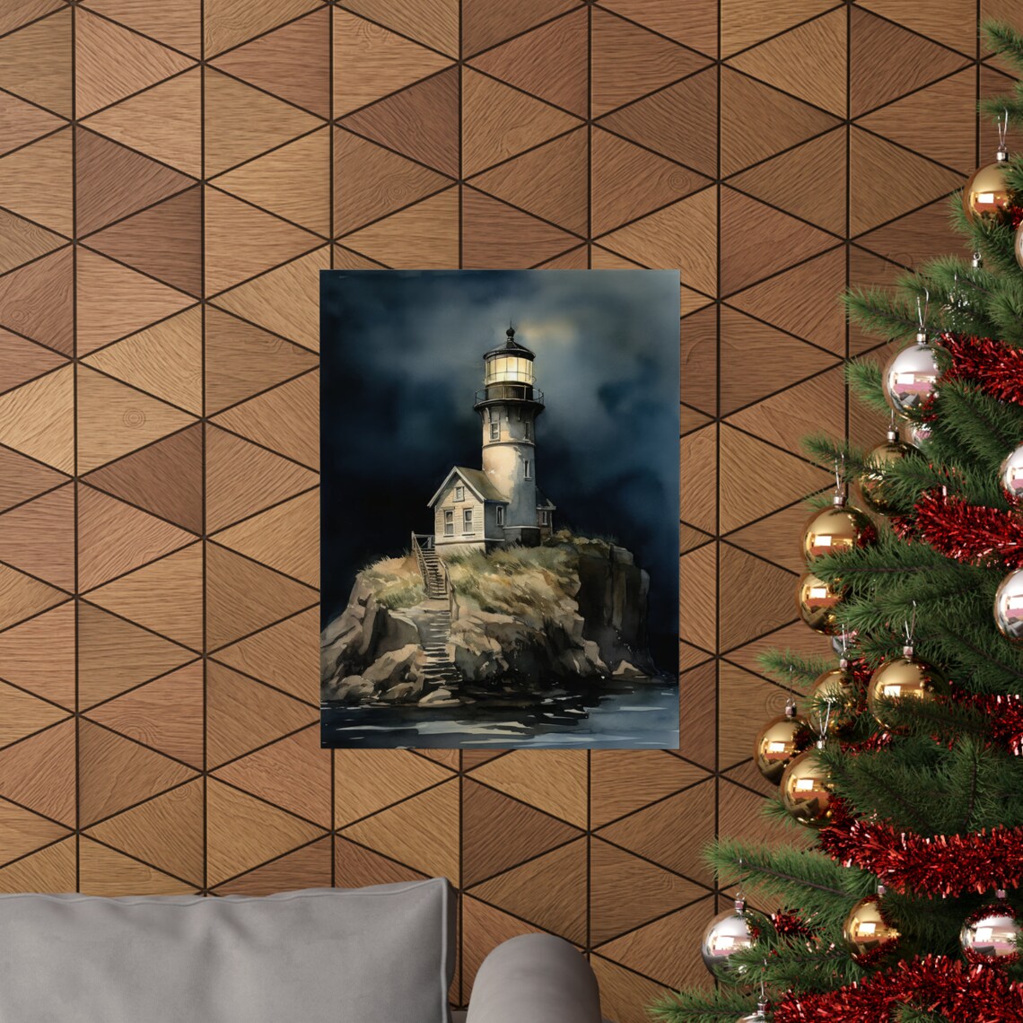 White Lighthouse Cliff Steps Stormy Night Sea Watercolor Poster - Image 3