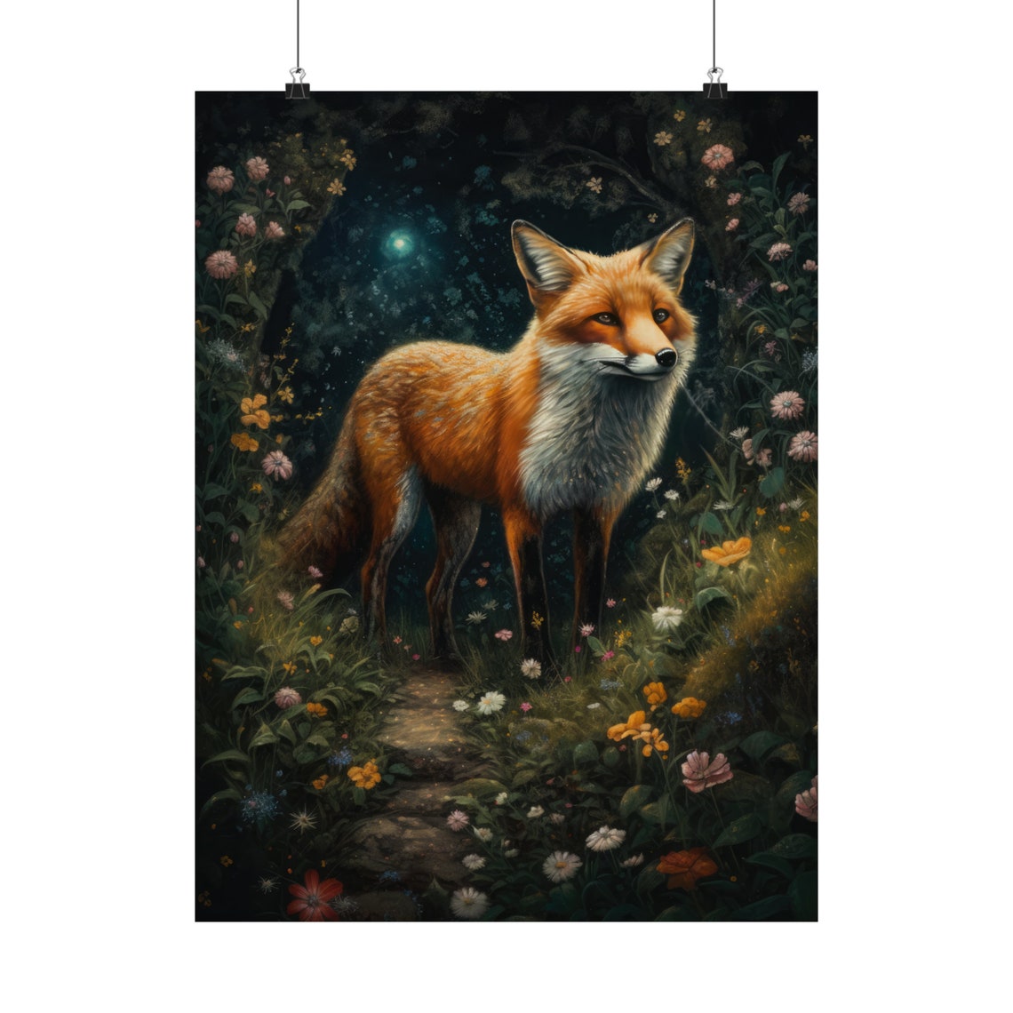 Red Fox Standing In Moonlit Wildflower Meadow Starry Night Poster - Image 5
