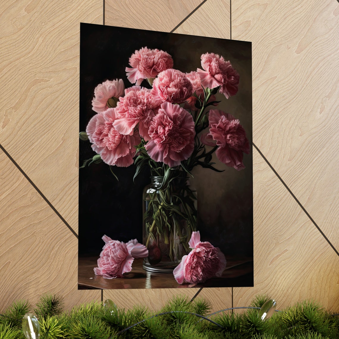 Pink Carnation Bouquet Glass Jar Dark Still Life Floral Art Poster - Image 2