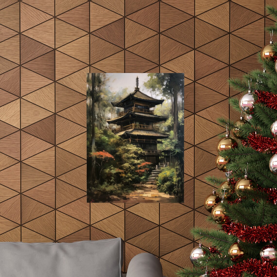 Japanese Pagoda Temple in Misty Forest Painting Travel Poster - Image 3