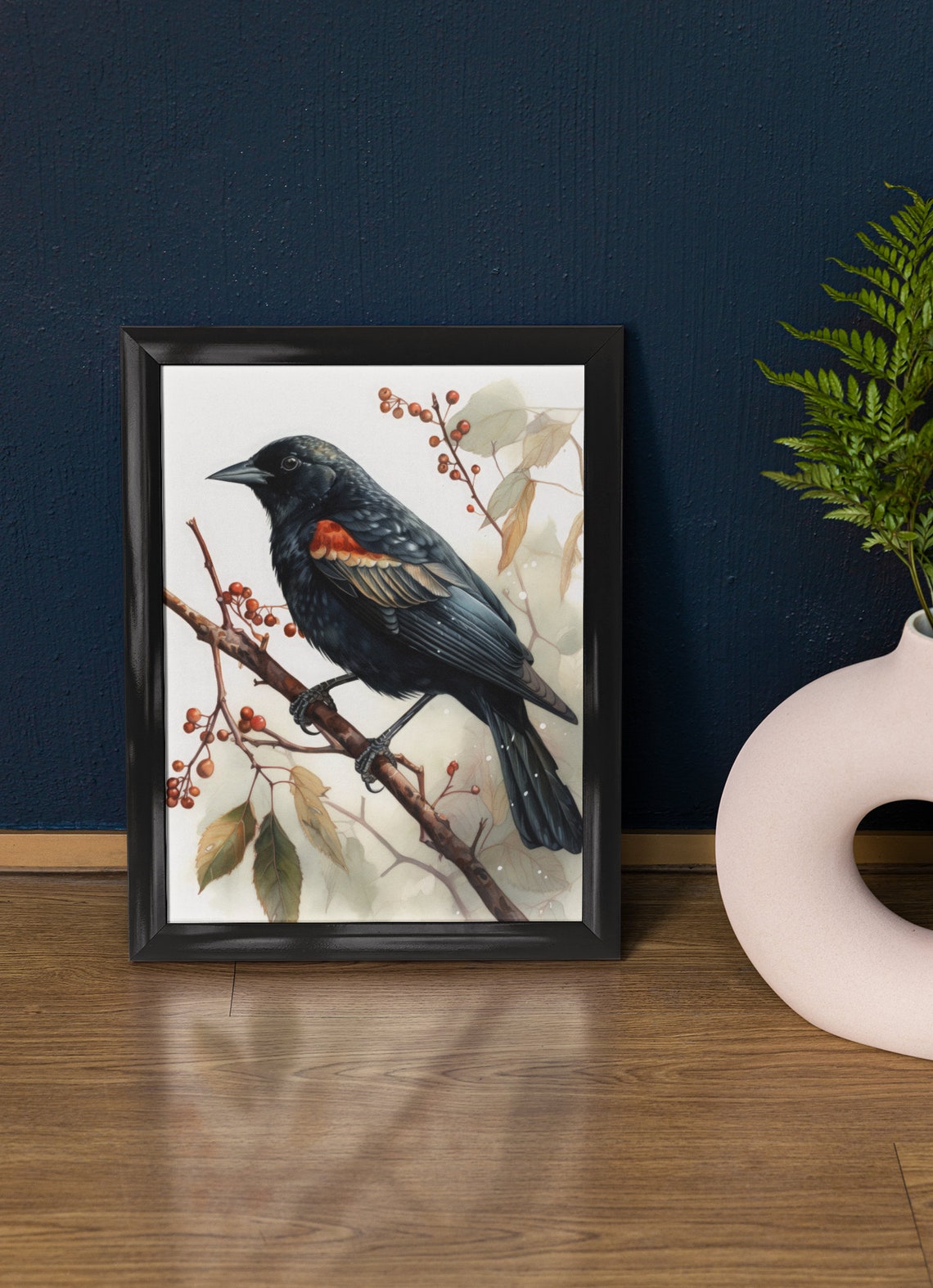 Red Winged Blackbird Watercolor Red Berry Branch Bird Fine Art Poster