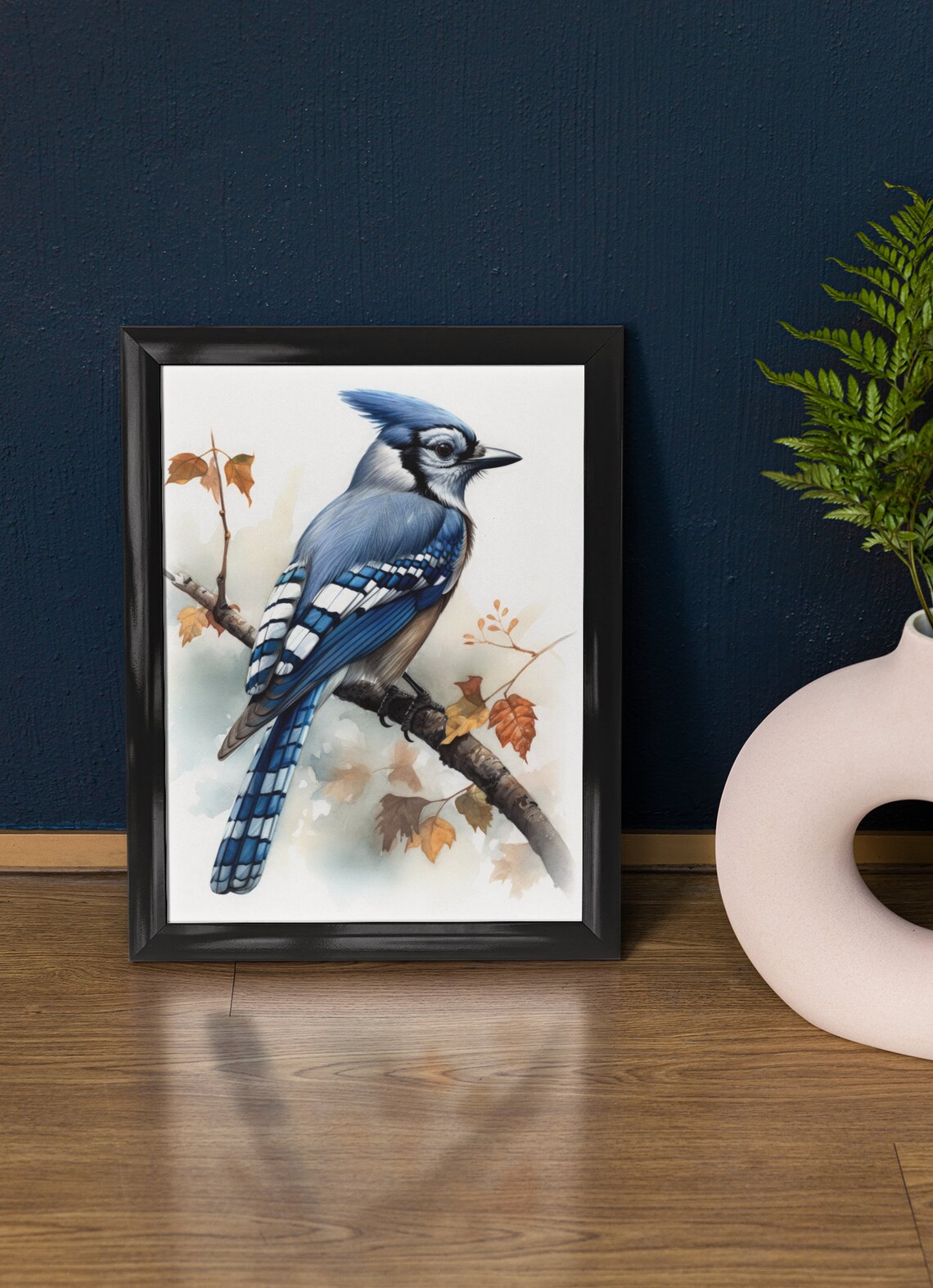 Blue Jay Autumn Branch Watercolor Songbird Bird Art Wall Print